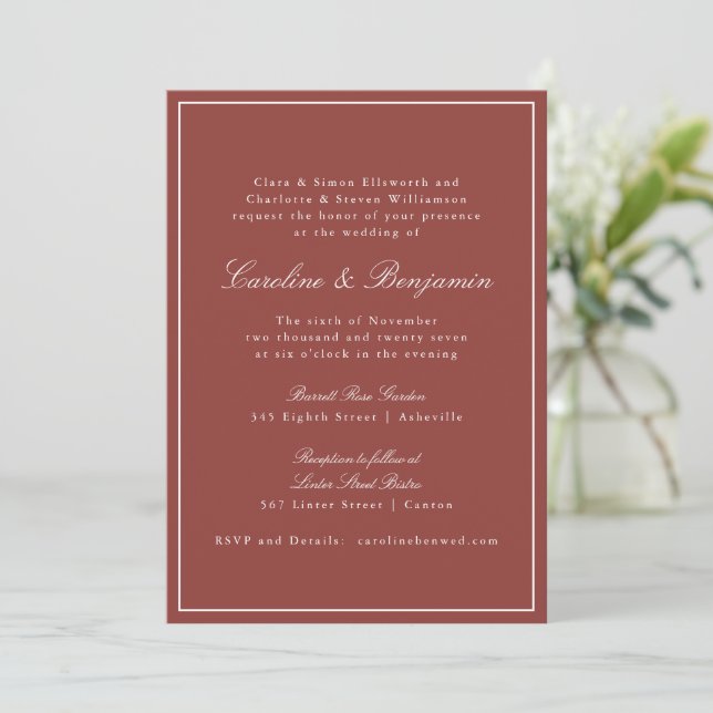 Convites Casamento Formal Clássico em Vermelho Ferrugem Scr (Em pé/Frente)