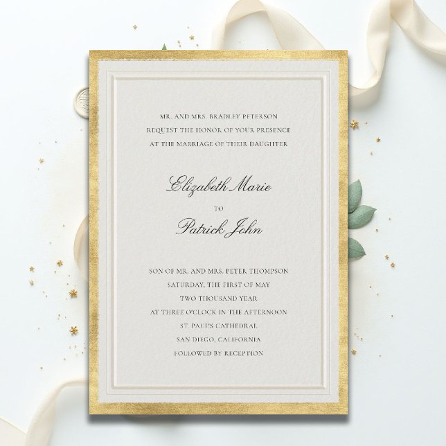 Convites Casamento Formal Clássico Moderno Elevado Dourado  (formal traditional wedding invitation modern classic double frame ballroom gold ecru black white)