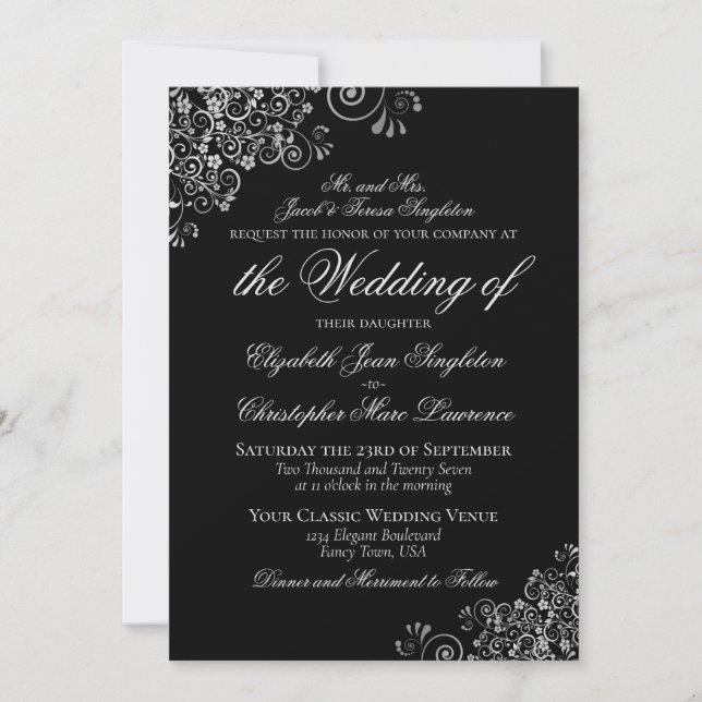 Convites Casamento Formal Clássico Preto e Prata Elegante (Frente)