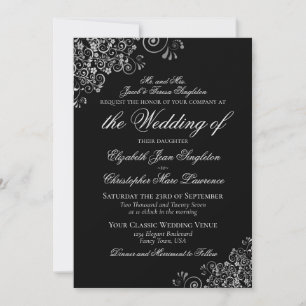 Convites Casamento Formal Clássico Preto e Prata Elegante