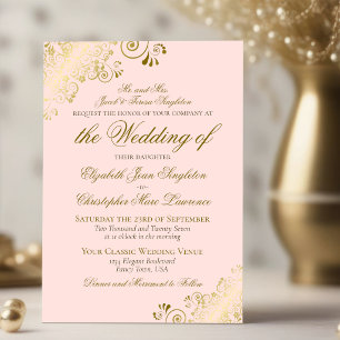 Convites Casamento Formal Clássico Rosa Bege e Dourado Eleg