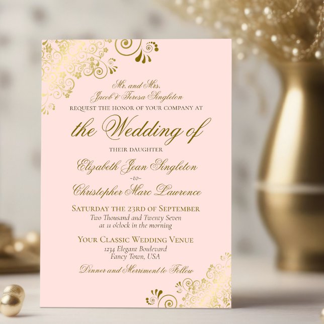 Convites Casamento Formal Clássico Rosa Bege e Dourado Eleg (Criador carregado)