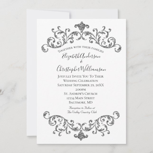 Convites Casamento Formal com Floreado Ornamentado Prata Pr (Frente)
