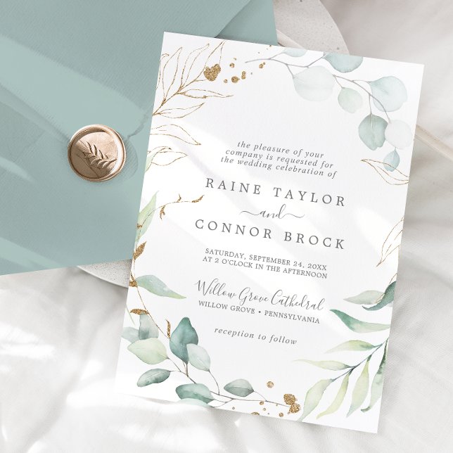 Convites Casamento Formal com Folhas de Ouro e Vegetação Ar (Airy Greenery and Gold Leaf Formal Wedding Invitation)