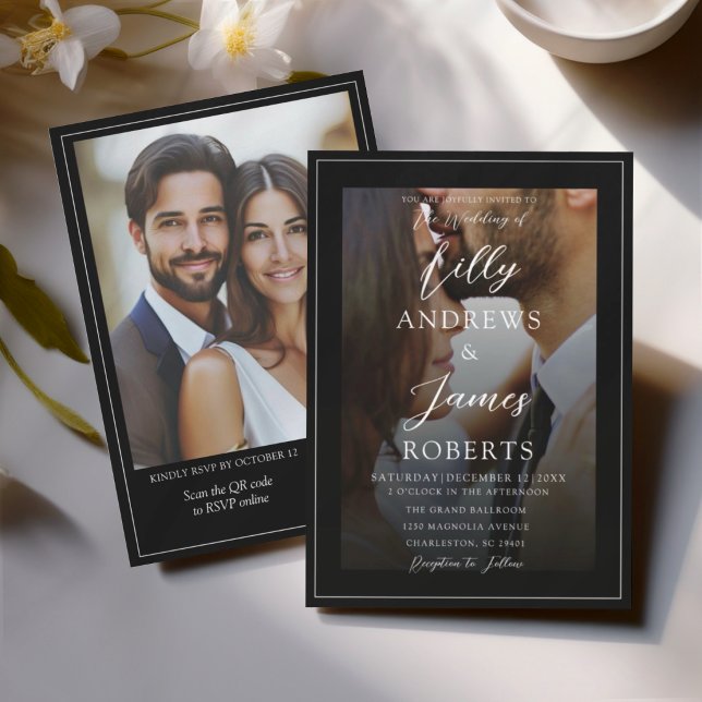 Convites Casamento Formal com Foto Preto e Branco Minimalis (Criador carregado)