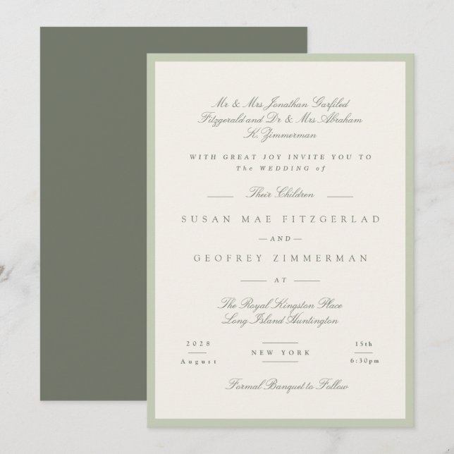 Convites Casamento Formal com Pistache Suave (Frente/Verso)