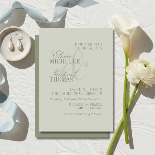 Convites Casamento Formal com Roteiro Moderno em Verde Sage (Modern Script Sage Green Formal Wedding Invitation)
