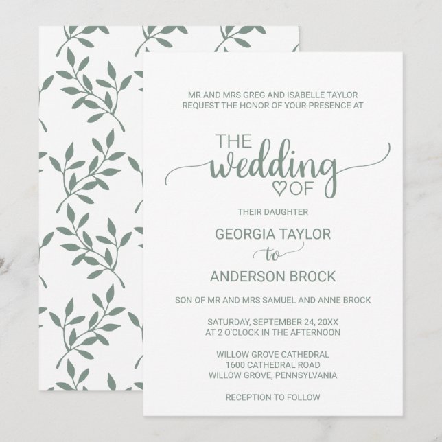 Convites Casamento Formal Da Caligrafia Verde Simples (Frente/Verso)