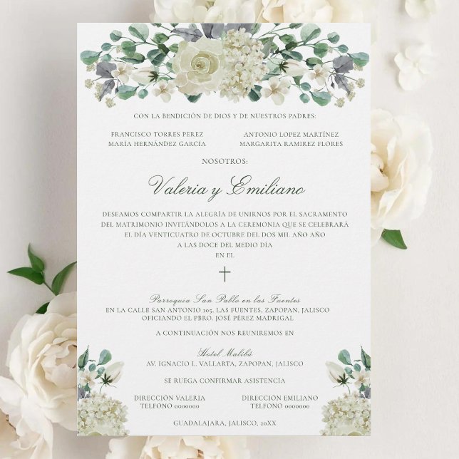 Convites Casamento Formal da Invitación de Boda Catolica (Elegant, white flower Catholic wedding invitation in Spanish, done in traditional style)
