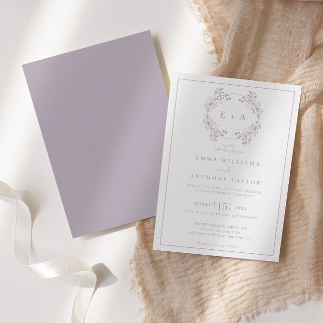 Convites Casamento Formal da Lavanda Vintage Monograma (Criador carregado)