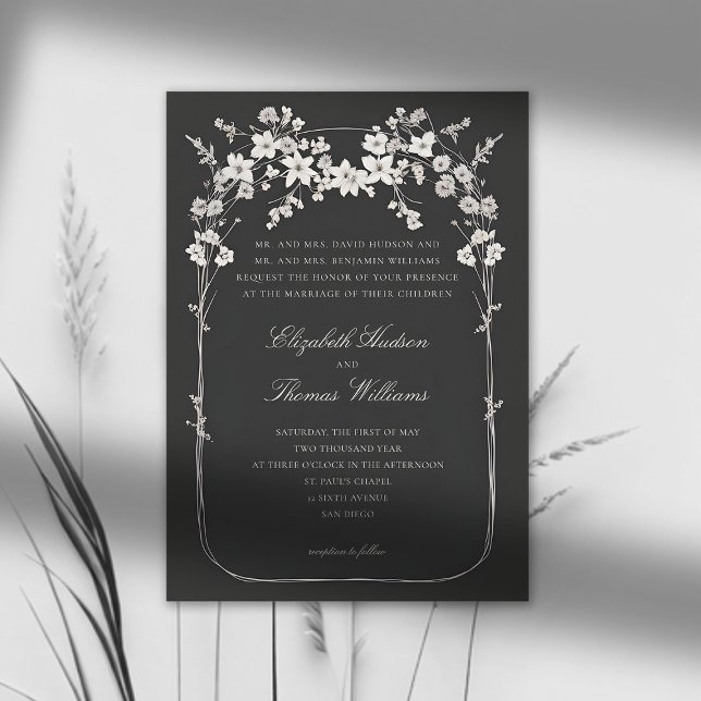 Convites Casamento Formal de Arch Negra (wildflowers wedding invitation black and white boho arch formal elegant modern classic script)