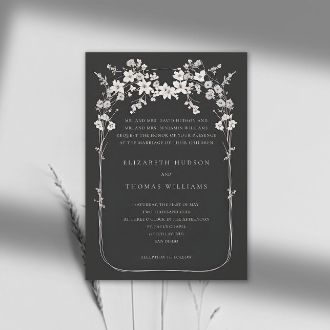 Convites Casamento Formal de Arcos Negros de Arco Negra (wildflowers wedding invitation black and white boho arch formal elegant modern classic typography)