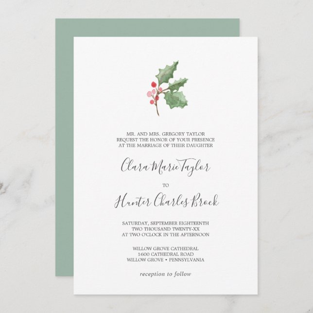 Convites Casamento Formal de Berry e Greenery de Natal (Frente/Verso)