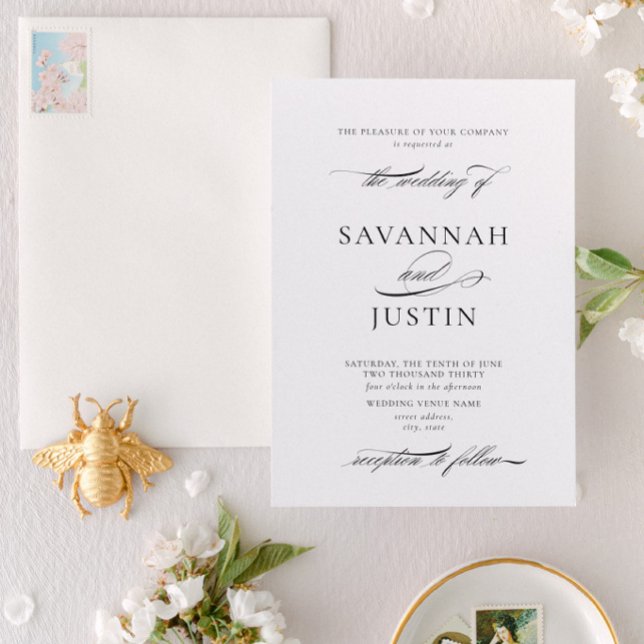 Convites Casamento Formal de Caligrafia Preta e Branca (Designed for weddings the couple are hosting themselves)