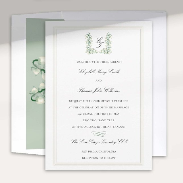 Convites Casamento Formal de Calliografia de Crest de Lily  (lily valley formal classic wedding invitation card watercolor art crest monograms calligraphy)