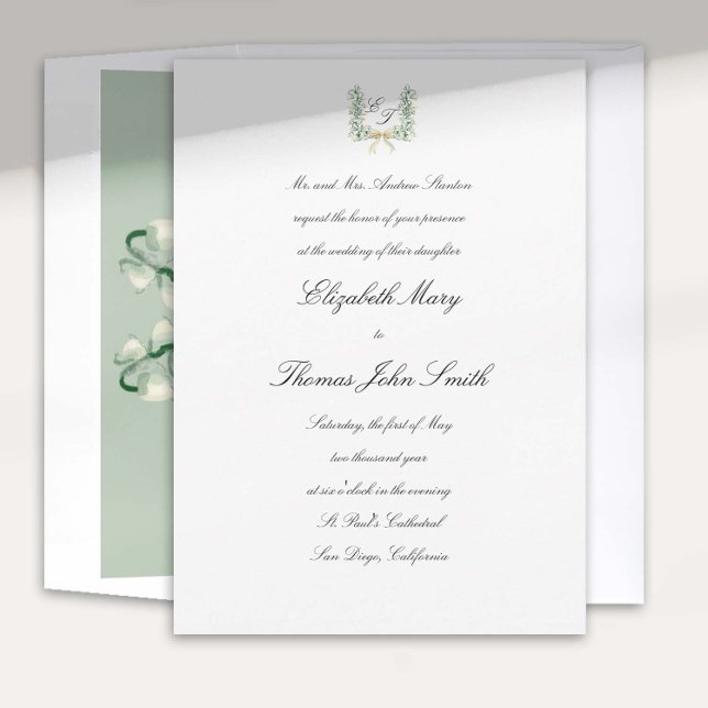 Convites Casamento Formal de Crest de Arcos de Lily Valley (lily valley formal classic wedding invitation card watercolor art crest monograms all calligraphy)