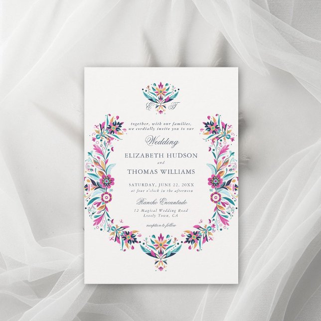 Convites Casamento Formal de Crest do Frame Floral Mexicano (rancho wedding mexican invitation floral frame watercolor wildflower formal classic traditional pink)