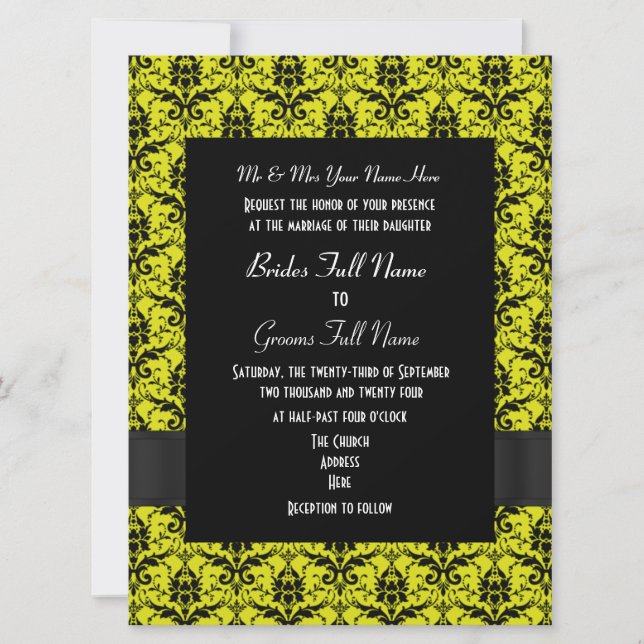 Convites Casamento formal de damasco preto e amarelo (Frente)