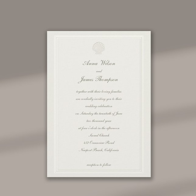 Convites Casamento Formal De Faux Embossed Frame Seashell E (formal traditional wedding invitation nautical seashell beach ocean lakeside yacht faux embossed)