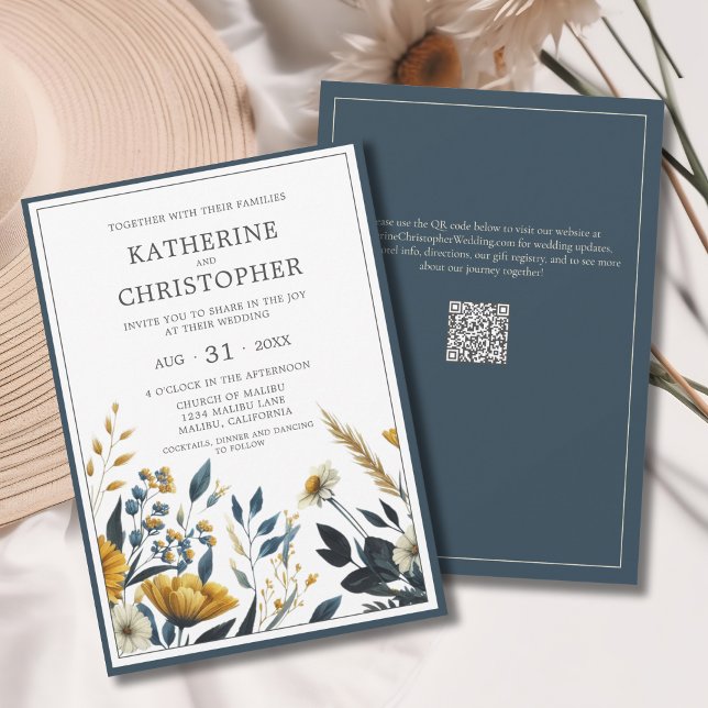 Convites Casamento Formal de Flores Amarelas Azuis (Blue Yellow Wildflowers Elegant Save the Date Card with QR Code for Wedding Website.)