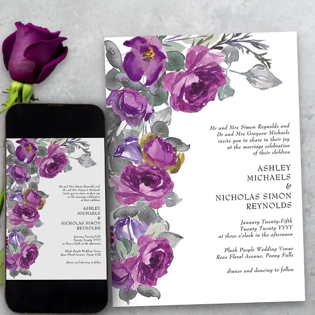 Convites Casamento Formal De Flores De Aquarela Roxo Elegan (Purple floral formal wedding invitation from my Plush Purple Wedding Collection)
