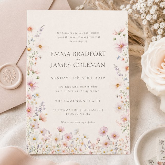 Convites Casamento Formal de Flores Silvestres Caprichosas  (Bohemian Whimsical Wildflowers Formal Wedding Invitation)