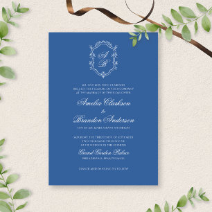 Convites Casamento Formal de Folha Azul Monograma Crest & S