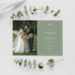 Convites Casamento Formal De Foto Do Monograma Verde Elegan<br><div class="desc">Um convite de casamento especial e simples e minimalista tradicional de terracotta Monograma. Que apresenta iniciais de monograma laranja queimado. Com tipografia formal e profissional de guiões brancos em fundo laranja clássico com quadro de borda. Também uma foto personalizável. Barato e é um convite eletrônico digital. Todas as informações são...</div>