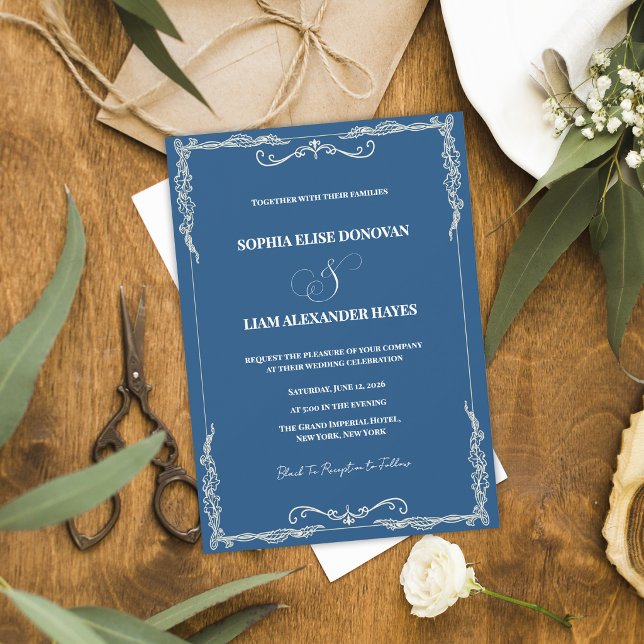 Convites Casamento Formal de Gravata Preta Clássica em Azul (Dusty Blue Elegant Wedding Invitation Classic Black Tie Formal Wedding Invite)