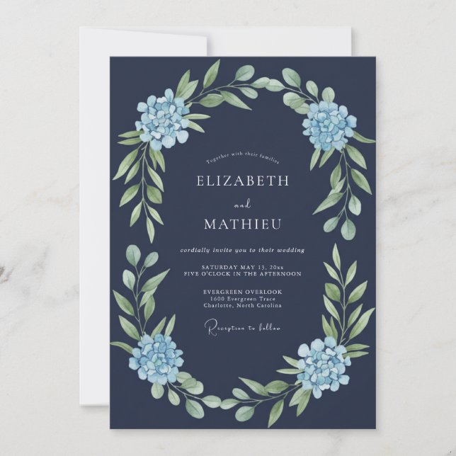 Convites Casamento Formal de Hortênsias Azul-Marinho (Frente)