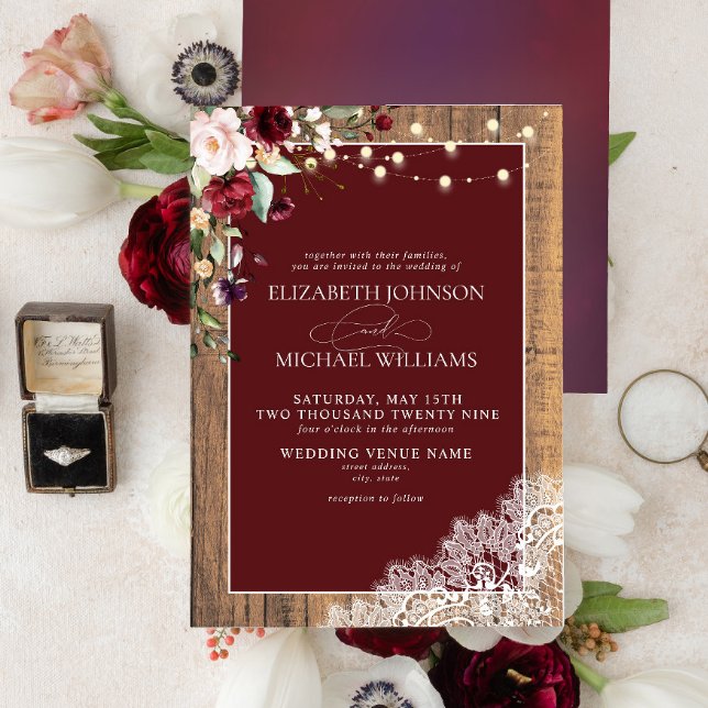 Convites Casamento Formal De Lace De Madeira De Blush Burgu (Criador carregado)