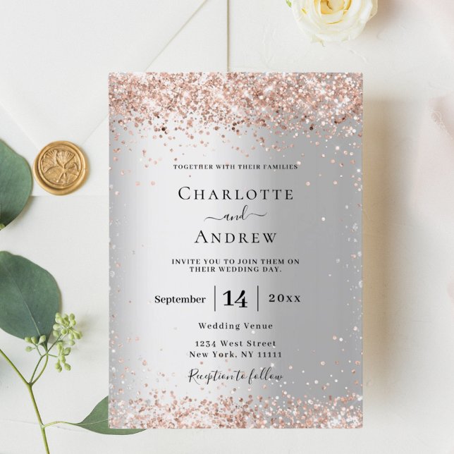 Convites Casamento formal de luxo com rosa de prata (Criador carregado)