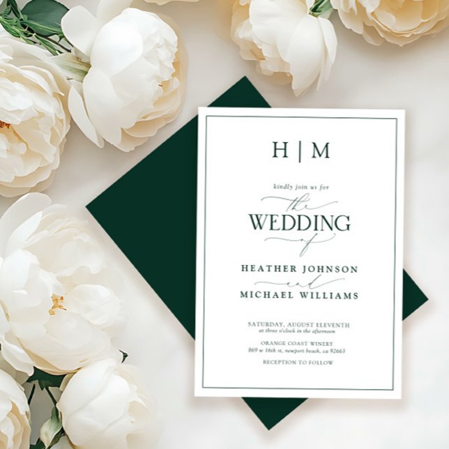 Convites Casamento Formal de Monograma Verde e Caligrafia (Criador carregado)