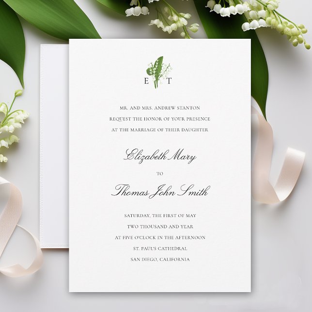 Convites Casamento Formal de Monogramas de Lily Valley (lily of the valley wedding invitation formal traditional calligraphy monograms art unique classy)
