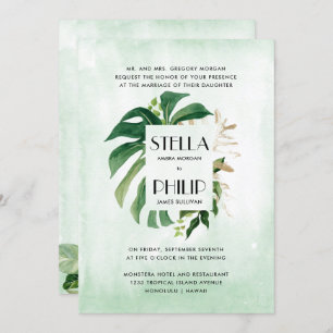 Convites Casamento formal de ouro tropical monstera selvage