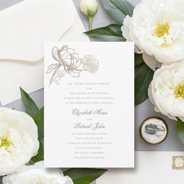 Convites Casamento Formal de Pais Formais de Pessoas Embarc (peony wedding invitation formal traditional elegant calligraphy modern classic parents host)