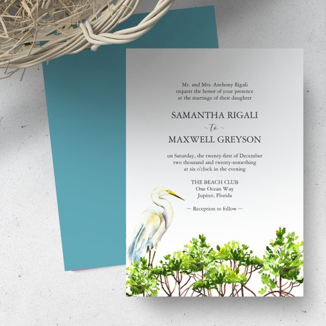 Convites Casamento Formal de Pássaros Aquarela Tropical (Destination wedding invitations watercolor great white heron and mangroves art Victoria Grigaliunas)