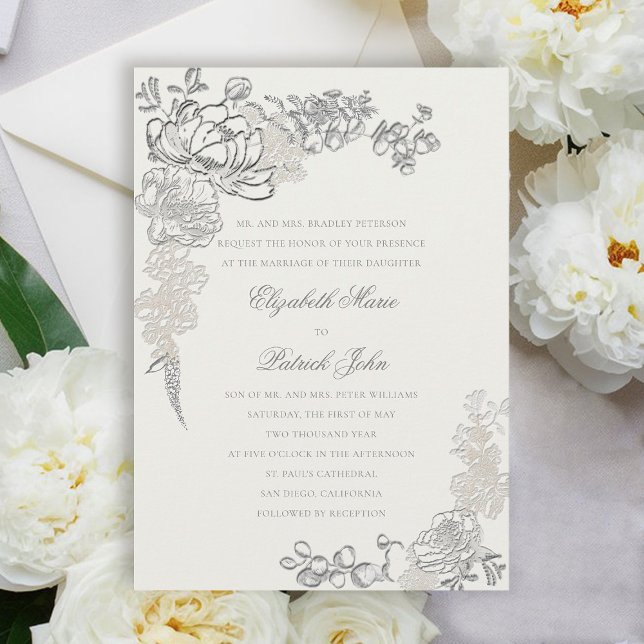 Convites Casamento Formal de Pérolas de Faux Embriagados (peony wedding invitation floral frame formal traditional elegant calligraphy modern classic pearl)