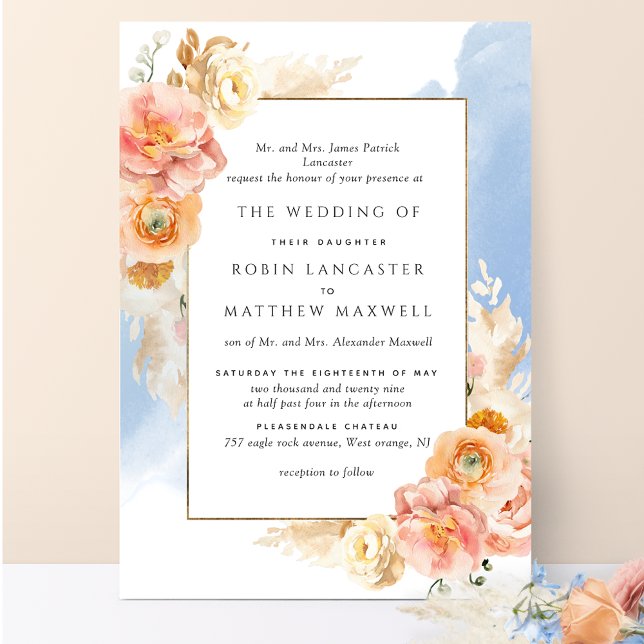 Convites Casamento Formal De Pêssego Blush Floral Blue Wate (Criador carregado)