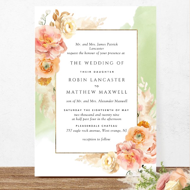 Convites Casamento Formal De Pêssego Blush Floral Verde (Criador carregado)