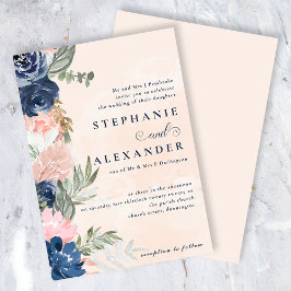 Convites Casamento Formal de Pêssego Elegante e Flor Azul