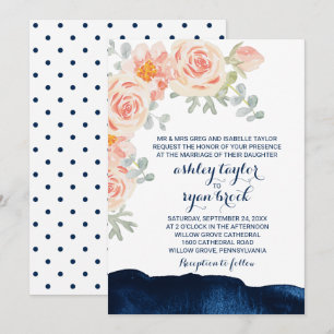 Convites Casamento Formal de Pêssego Floral Rosa e Marinho