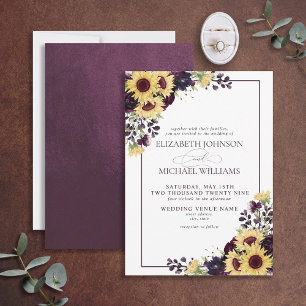 Convites Casamento Formal de Plum Purple Sunflower Watercol