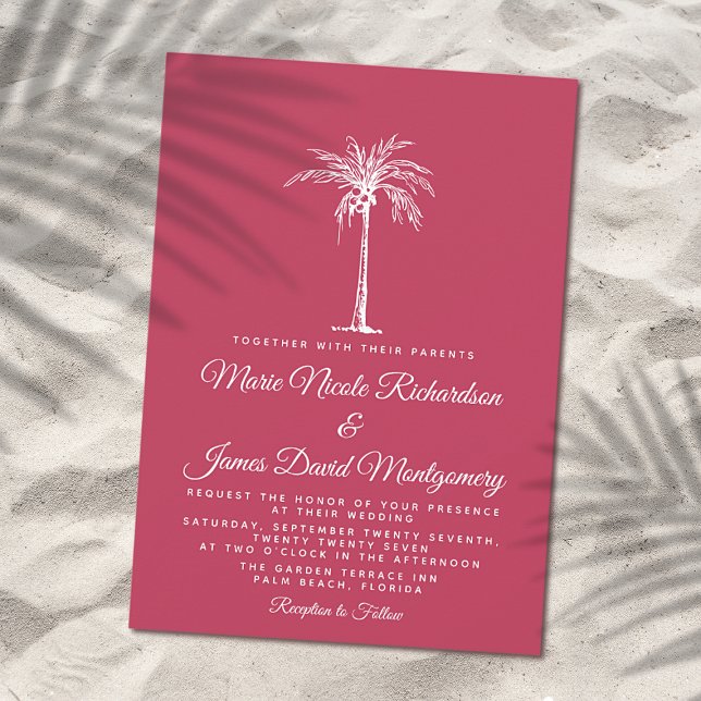 Convites Casamento Formal de Praia Elegante Palm Magenta (Criador carregado)