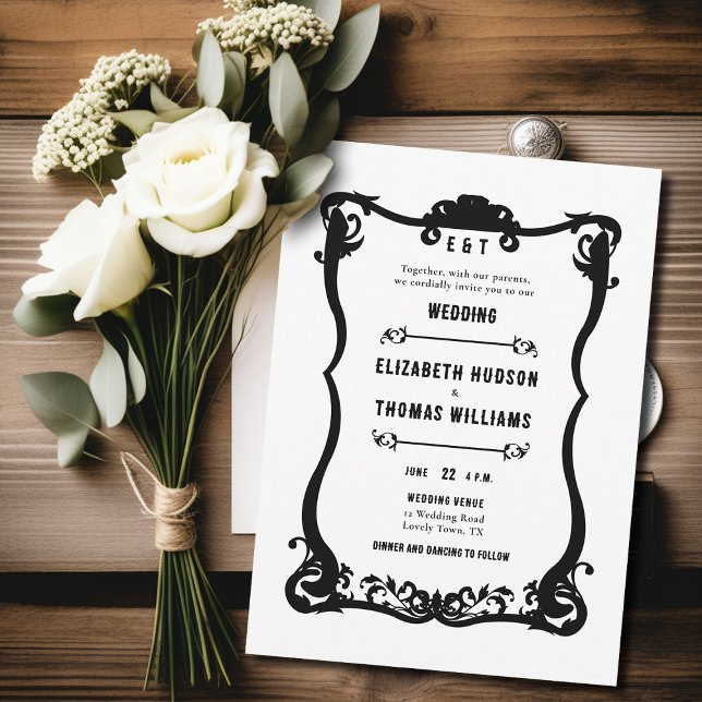 Convites Casamento Formal de Quadro Branco Negro Ocidental (country western black and white wedding invitation vintage frame formal elegant modern ranch barn)
