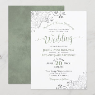 Convites Casamento Formal de Silver Lace e Sage Green