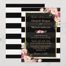 Convites Casamento Formal de Stripes Florais Cor-de-Rosa Mo