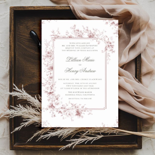 Convites Casamento Formal De Túnel Rosa Chateau, Jardim De  (vintage garden wedding invitation chateau dusty pink toile floral old money formal traditional chic)