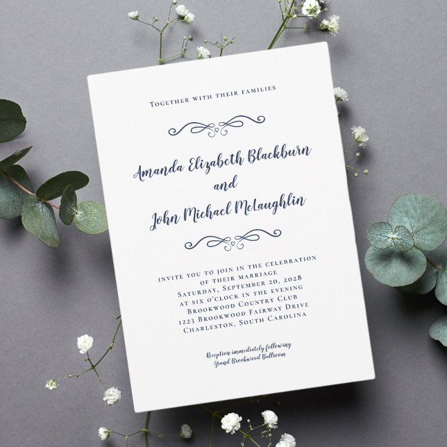 Convites Casamento Formal do Eterno Branco Elegante Azul Cl (Classic Elegant Blue White Timeless Formal Wedding Invitation)