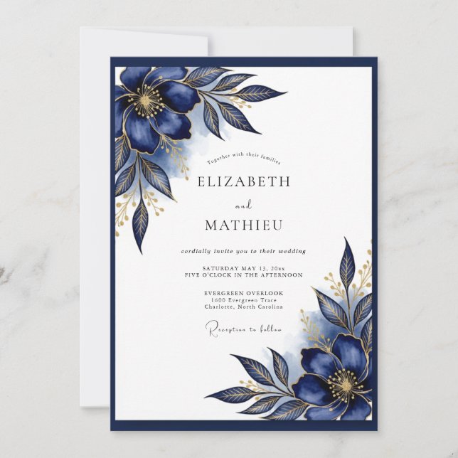 Convites Casamento Formal Dourado Azul-Marinho (Frente)